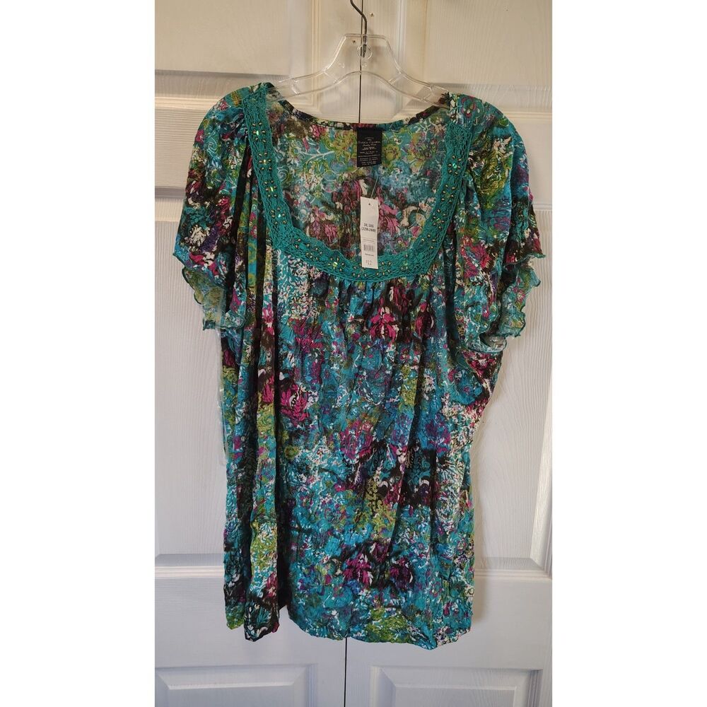 NWT Faded Glory Teal Pink Floral Peasant Blouse Lace Trim Top 3X 22W-24W Y2K